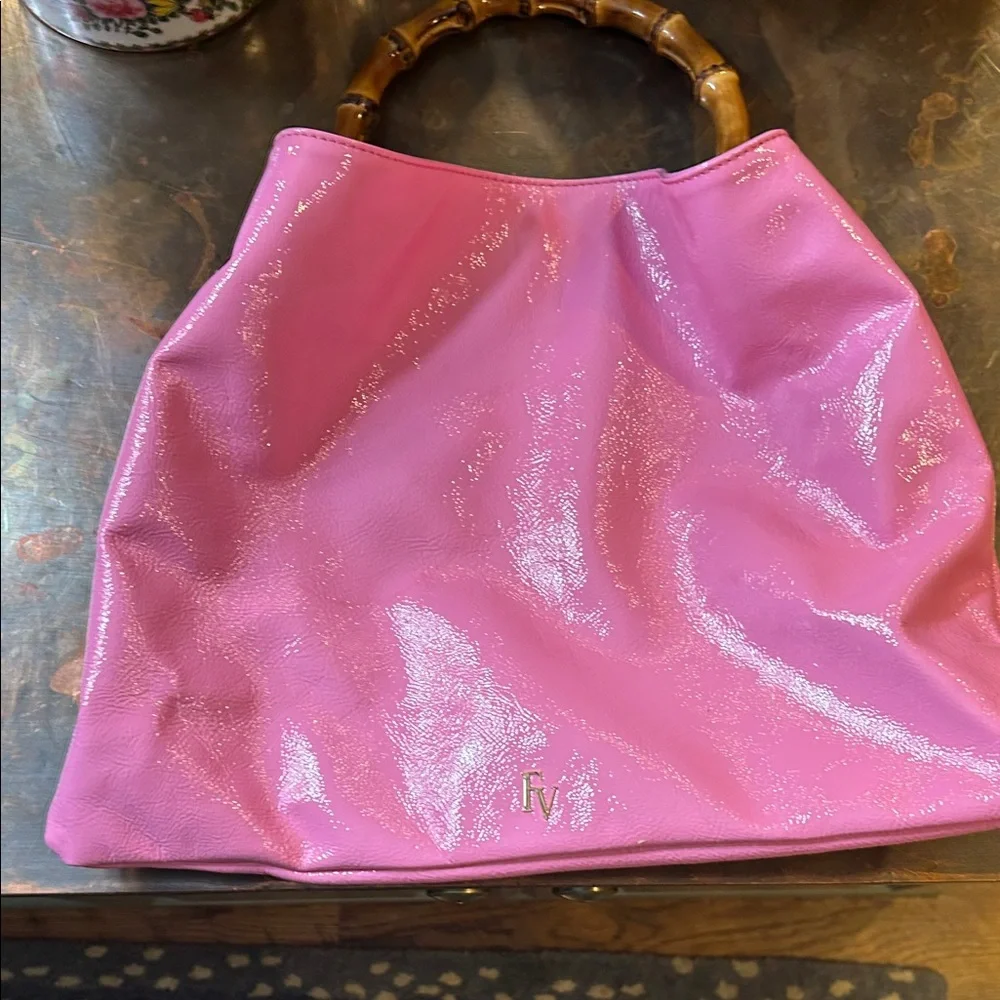 Frances Valentine Pink Patent Leather Hobo Bag with Bamboo Handle